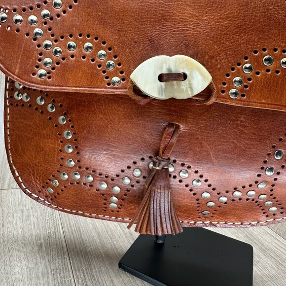 Vintage Studded Shoulder Purse Tassel Flap Adjustable Leather Brown - Picture 5 of 13